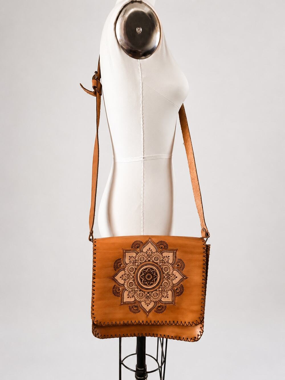 Mandala Crossbody Purse Tan Whipstitched Adjustable Strap Bag